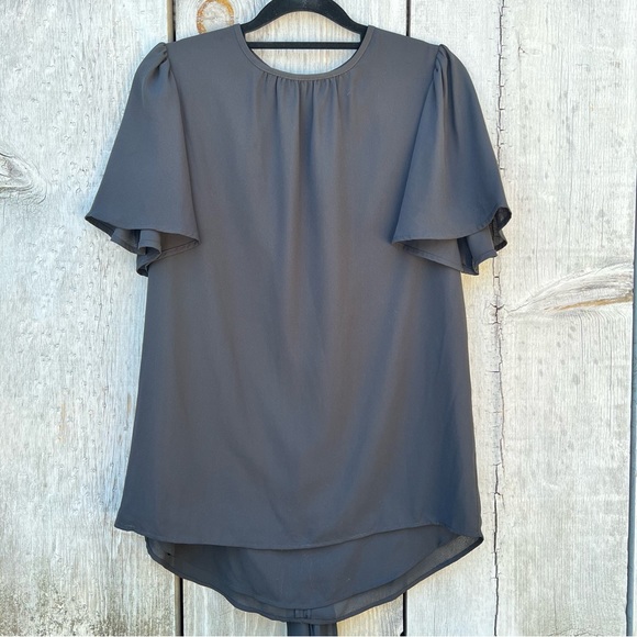 Badgley Mischka black ruffle short sleeve bowtie sash layered lined flowy blouse - Picture 3 of 15
